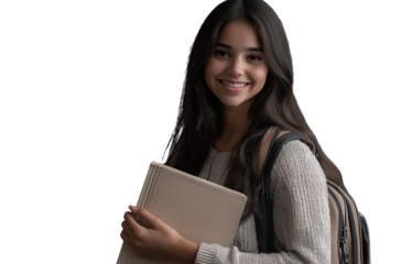 Portrait of a smiling, beautiful young woman, a student, holding a book and a backpack, isolated on a transparent PNG background