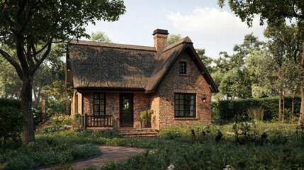 Obraz premium Cozy countryside cottage, thatched roof, brick walls, English design