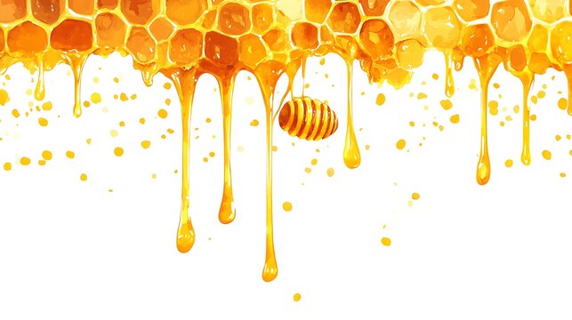 Honey dripping from honey-filled combs on a white background with honey spreading naturally