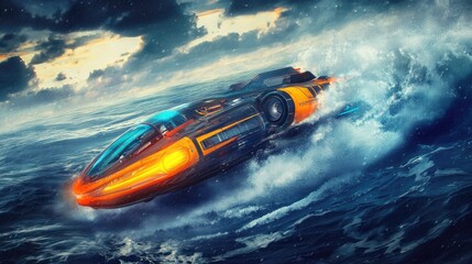 Futuristic Vehicle Speeds Across Stormy Ocean Waves