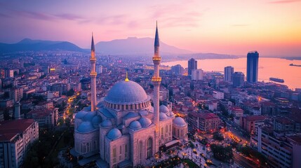 Fototapeta premium Majestic Mosque at Sunset Over Cityscape