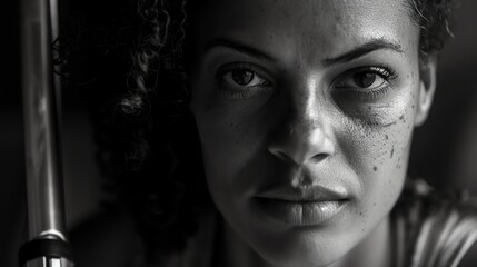 Close up portrait of a young woman with curly hair and freckles on her face. She is looking at the camera with a serious expression.