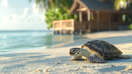 Sea Turtle Resting On Tropical Beach Near Bungalow