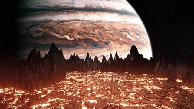 Jupiter Seen from the Moon Io with Lava Flows on the Volcanic World