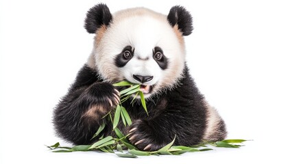 Obraz premium A panda eating bamboo leaves, isolated on white,