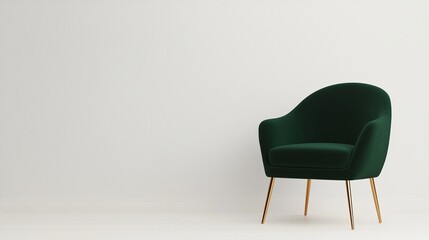 A modern green upholstered chair with wooden legs positioned against a plain wall, exuding a minimalist and elegant aesthetic.
