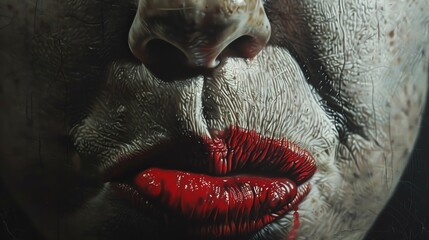 Obraz premium Close-up of a woman's face with red lipstick. The woman's skin is pale and cracked, and her lips are slightly parted.