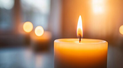 Warm candle flame illuminating a blurred background with soft bokeh lights