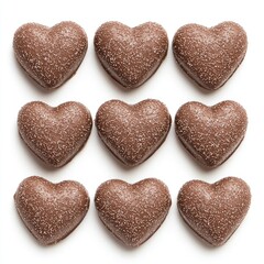 Fototapeta premium A grid of chocolate heart-shaped candies, featuring a glossy, textured surface, arranged neatly in a square pattern.
