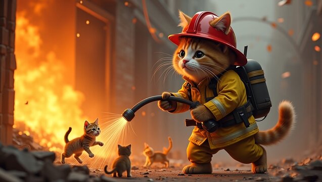 firefighter cat holding a hose a massive fire while rescuing kittens 3D animation cartoon funny