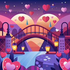 Obraz premium AI Generated romantic Valentine’s Day bridge illustration adorned with love locks, hearts, and glowing lights for a magical ambiance