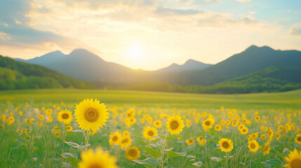 Obraz premium Sunlit Sunflower Field: A vast, rolling field of vibrant yellow sunflowers basks in the golden glow of a breathtaking sunset, with a backdrop of majestic mountains.