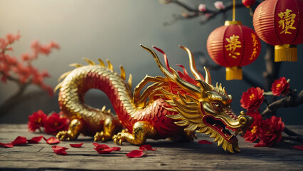Obraz premium China serpent zodiac sign on nature background. Happy Chinese New Year 2025 horizontal art cover. Asian culture festival banner. Oriental mythical