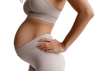 Beautiful woman's waist, close-up of stomach and hands on hips, wearing light gray yoga pants, isolated on a transparent PNG background