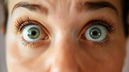 A young woman with wide open green eyes is looking at the camera with fear. Her eyebrows are furrowed and her skin is pale.