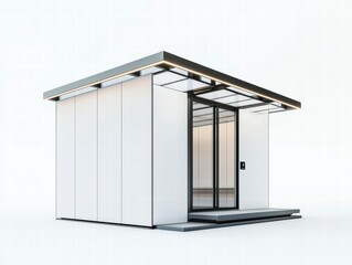 Modern Minimalist Office Pod: A sleek, contemporary office pod design, featuring clean lines, white panels, and a modern glass door. Perfect for a small workspace or home office. 