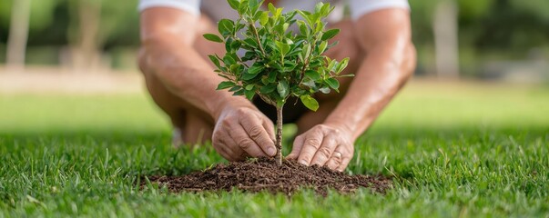 A baby boomer planting a tree in a community park to leave a legacy of environmental stewardship