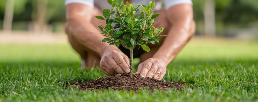 A baby boomer planting a tree in a community park to leave a legacy of environmental stewardship