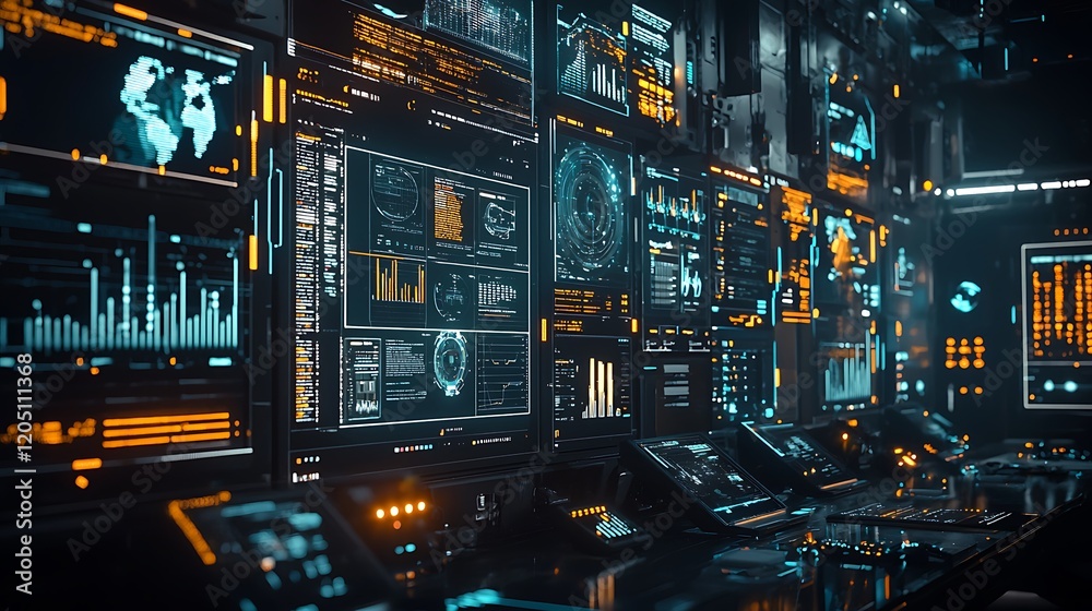 Poster Futuristic Control Room Monitors Displaying Global Data
