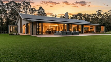 Fototapeta premium Modern Farmhouse at Sunset: A stunning contemporary farmhouse bathed in the warm glow of sunset, showcasing its expansive windows, sleek design, and expansive lawn.
