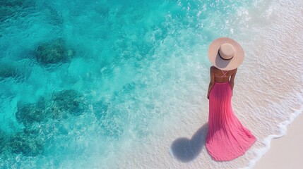 Serene Beach Retreat: Woman in Pink Dress Enjoys Tranquil Ocean View from Sandy Shoreline