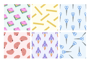 School seamless pattern with books, rulers, scissors, brains and rockets in flat style
