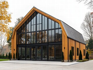 Modern Barn with Expansive Windows: A striking contemporary barn design featuring a warm wood exterior with expansive floor-to-ceiling windows, blending modern aesthetics with rustic charm.
