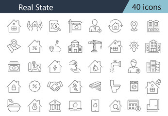 Real state Line Editable Icons set. Includes house, moving home, key, insurance, garage, budget, Construction tools, builders and equipment. Builder, crane, engineering, equipment, helmet, and more.