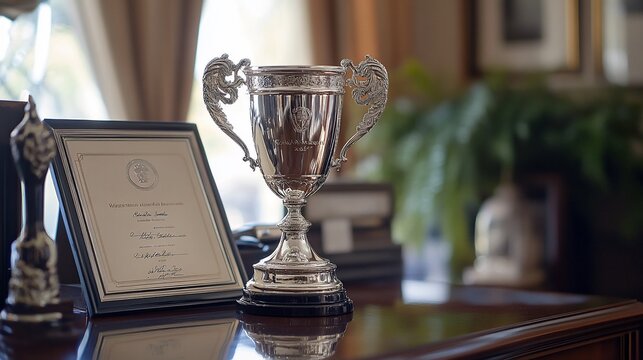 Close-up shot of awards and a trophy placed on a glossy wooden table