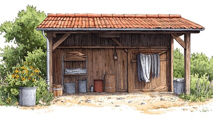 Rustic Wooden Outbuilding with Tile Roof and Garden Surroundings.