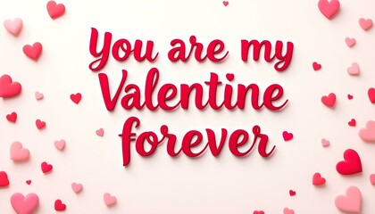 You are my Valentine forever, with bold red letters and decorative hearts in various shades of red against a soft, light background