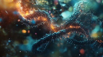 Fototapeta premium A glowing blue and orange DNA helix with a blurry background