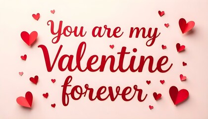 You are my Valentine forever, with bold red letters and decorative hearts in various shades of red against a soft, light background