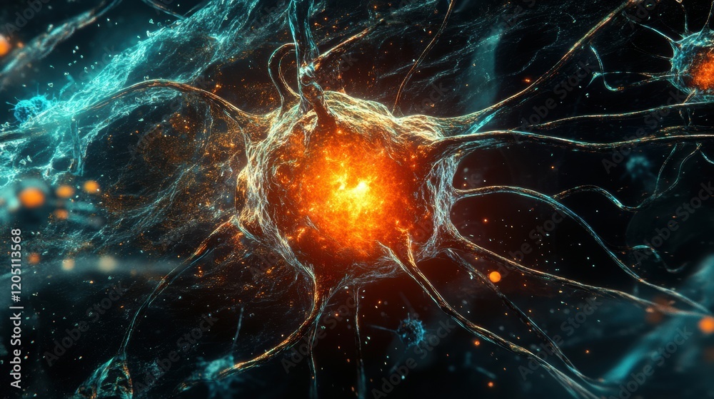Poster complex structure of a neuron showcasing vibrant energy and activity in a neural network during cell