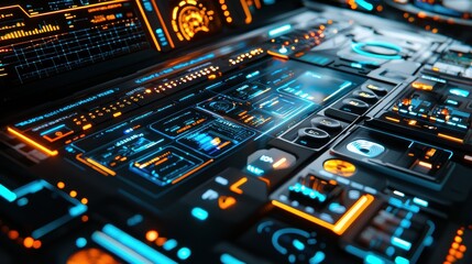 Innovative graphic design close-up on futuristic user interfaces in digital environments