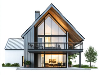 Fototapeta premium Modern Farmhouse with Large Windows: A stunning modern farmhouse with a pitched roof, large windows, and a spacious deck, exuding a sense of luxury and contemporary living.