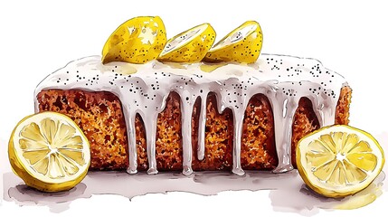 Watercolor Illustration of Lemon Poppy Seed Loaf Cake with Lemon Slices