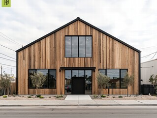 Fototapeta premium Modern Barn Style Commercial Building: A contemporary take on classic barn architecture, this commercial building boasts a sleek design with rustic wood siding, expansive black-framed windows.