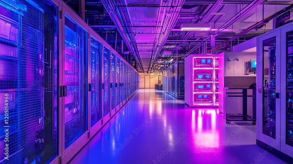 Poster modern data center server room with neon lighting