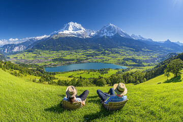 Naklejka premium Paar entspannt mit Blick auf die idyllische Berglandschaft und den See – Erholung in der Natur mit spektakulärem Alpenpanorama 