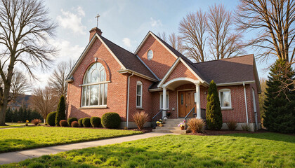 Obraz premium Beautiful brick house with landscaped garden in sunny weather