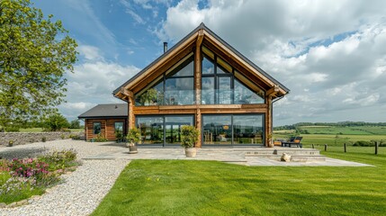 Obraz premium Modern Timber Home with Expansive Windows: A sleek and stylish modern timber home with expansive windows that offer panoramic views of the surrounding countryside.