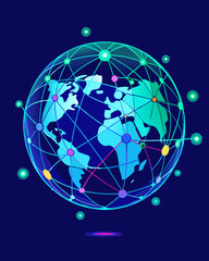 AI Generated stylized globe with glowing nodes and lines representing global communication in a neon blue palette