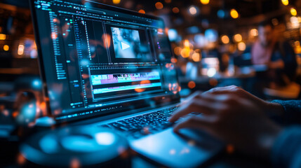 Videoeditor bearbeitet Filmprojekt auf Laptop mit kreativer Bokeh-Beleuchtung in Café-Atmosphäre  
