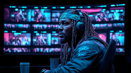 Kreativer Videoeditor bei der Arbeit – Fokus auf Bildschirme mit Filmszenen in futuristischem Studioambiente  
