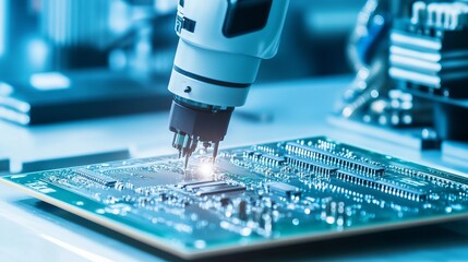 A robotic arm performing intricate soldering on electronic circuit boards in a clean, high-tech electronics lab, modern and precise environment with a focus on electronics manufacturing