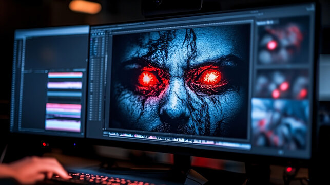 Digitalk&uuml;nstler bearbeitet gruselige Horrorfigur mit leuchtenden roten Augen &ndash; Kreative Bildbearbeitung f&uuml;r d&uuml;stere und unheimliche Designs  
