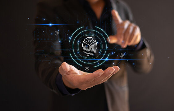 Cybersecurity Data Protection Scan your fingerprint or face to access your personal data security on a secure network connection. Biometric technology. Data encryption.