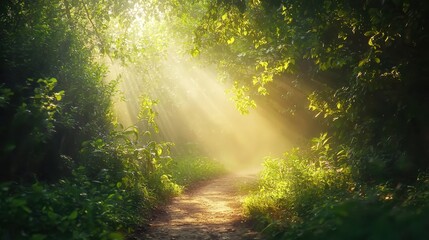 Obraz premium Gentle sunlight filtering through leaves a tranquil forest path in nature photography
