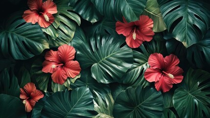 Naklejka premium Red Flowers on Green Leaves